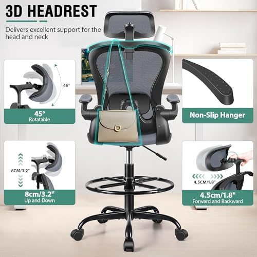 AtHope Drafting Chair, Tall Office Chair with 3D Lumbar & Head Support