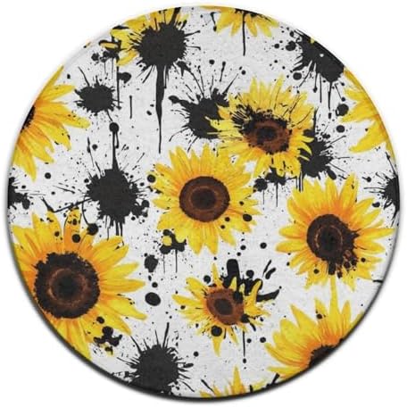 Large Round Area Rug Home Decor Modern Bathroom Rug Kitchen Office Circle Rug for Living Room Sofa Circle Cute Mat 80s Vintage Sunflower Cow Print, 24inch