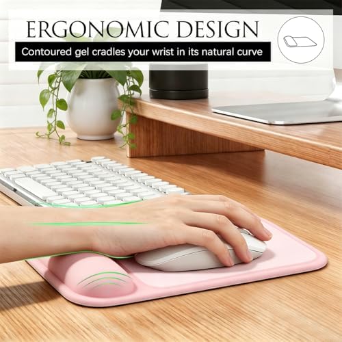 JIKIOU Ergonomic Mouse Pad with Gel Wrist Rest, 10 x 7.25 in, Pink