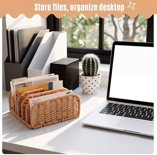 Rattan Mail Organizer for Desk Mail Holder Countertop with 5 Slot Rattan Letter Sorter File Holder Envelope Book Stand Farmhouse Office Desk Organizer and Storage Accessories