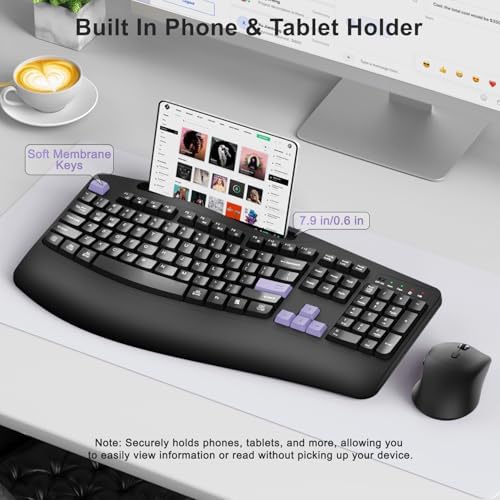 Wireless Keyboard and Mouse Combo, Full Size Ergonomic Wave Keys(Purple-B)