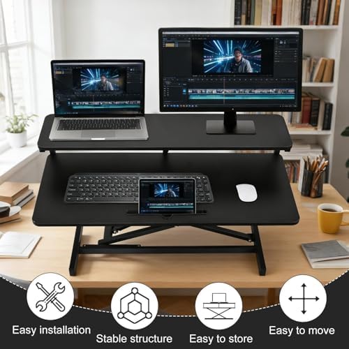 Stand Up Desk Riser, 37-Inch, Adjustable Height Stand Up Desk Converter Double Monitor and Laptop Riser Workstation for Workstation Computer Table Sitting, Black