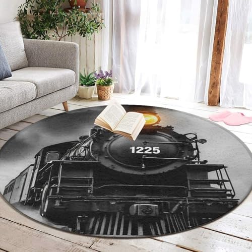 Men's Large Home Decor Mat, Soft Round Yoga Carpet, Non Slip Machine Washable Home Office Circle Rug Black Steam Train