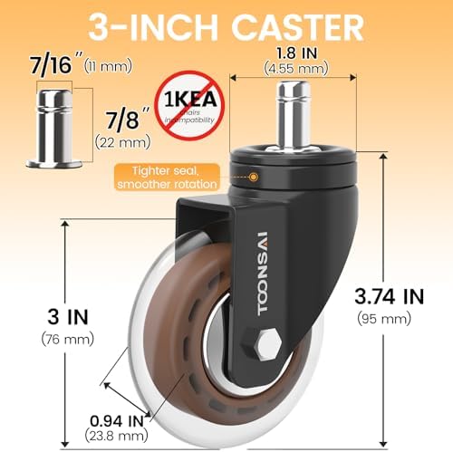 Upgraded,3 Inch Office Desk Chair Caster Wheels Replacement, Stem 7/16-7/8