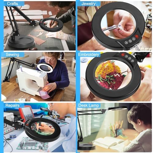 Coyeth 12X Magnifying Glass with Light and Stand, 5 Color Modes Stepless Dimmable 2-in-1 Lighted Magnifier with Clamp, LED Desk Lamp Hands Free for Crafts Hobby Reading Painting Sewing Close Work
