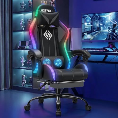 RGB Gaming Chair with LED Lights Massage Ergonomic Computer Chairs-Grey