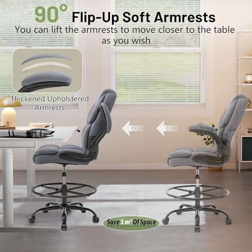 500LBS Drafting Chair, High Back Safer Standing Desk Chair, Executive Tall Office Chair with Flip-up Armrests, Upholstered PU Leather Task Chair, Ergonomic Seat with Adjustable Height&Foot Ring, Grey