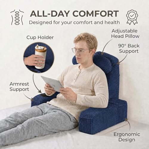 Reading Pillow for Adults, Back Pillow for Bed Sitting Up, Backrest Pillow for Sitting in Bed, Detachable Arms with Built-in Cup & Phone Caddy (Dark Navy-Corduroy, 21 INCH)