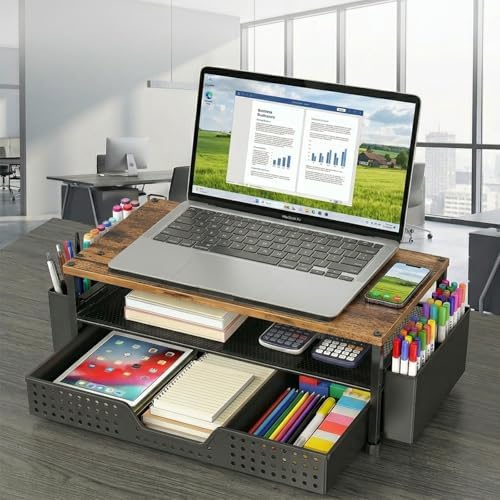 Desk Organizer and Accessories, 2-Tier Computer Monitor Stand Rise with Phone Holder, Drawer & 2 Pen Holders, Laptop & Printer Stand for Desktop, Workspace Organizers for Office Supplies (Brown Wood)