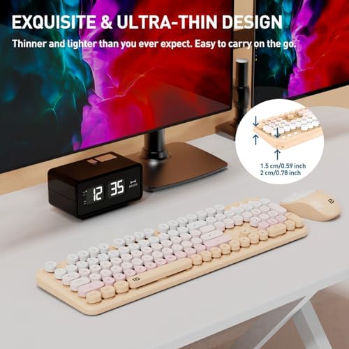 Wireless Keyboard and Mouse Combo,Cute Round Keys,for Long Nail,Orange Pink