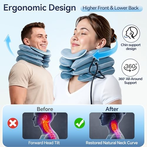 Babaka Cervical Neck Traction Device for Instant Neck Pain Relief, Inflatable & Adjustable Neck Stretcher Neck Support Brace, Neck Brace Pillow for Home Use Neck Decompression (11"- 17")