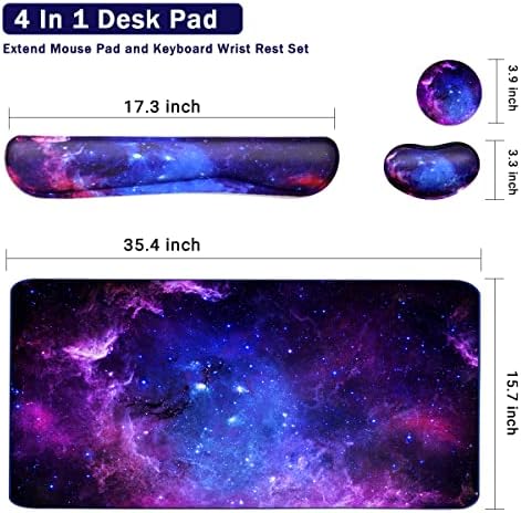 Large Mouse Pad and Keyboard Wrist Rest, Desk Pad for Keyboard and Mouse, 4-in-1 Large Gaming Mouse Pad with Wrist Support, Desk Mat for Home Office Study Game-Galaxy Fluid