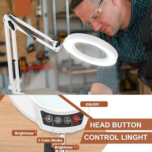 LANCOSC 15X Magnifying Glass with Light and Stand, 3-in-1 Adjustable Swing Floor Lamp, 5 Color Modes Stepless Dimmable, LED Lighted Hands Free Magnifier & Clamp for Reading, Crafts, Painting - White