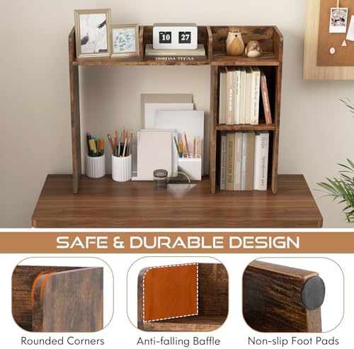 Tangkula Desktop Bookshelf, Countertop Storage Hutch with 5 Shelves for Computer Desk, 3-Tier Display Rack, Multipurpose Wood Desktop Hutch Storage Organizer for Dorm Office, Brown