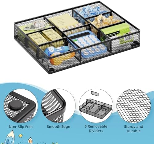 Marbrasse Desk Drawer Organizer, Metal Mesh Drawer Organizer Tray with 5 Adjustable Compartments,Desk Organizers and Accessories for Home,Office,Kitchen,Makeup,Vanity (Black,2Pack)
