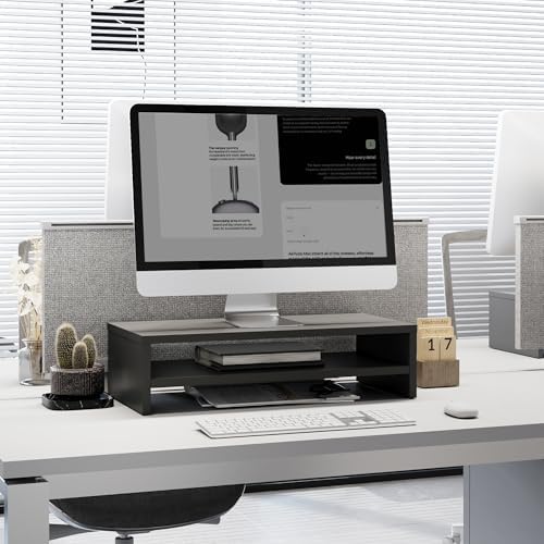 FITUEYES Wooden Monitor Stand Riser, 2-Tier Desk Storage Shelf, Black