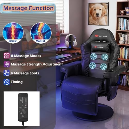 POWERSTONE Gaming Recliner, Adjustable Massage Gaming Chair with Cup Holder Footrest Ergonomic Single Sofa Living Room Home Theater Seating with Side Pouch (Black)