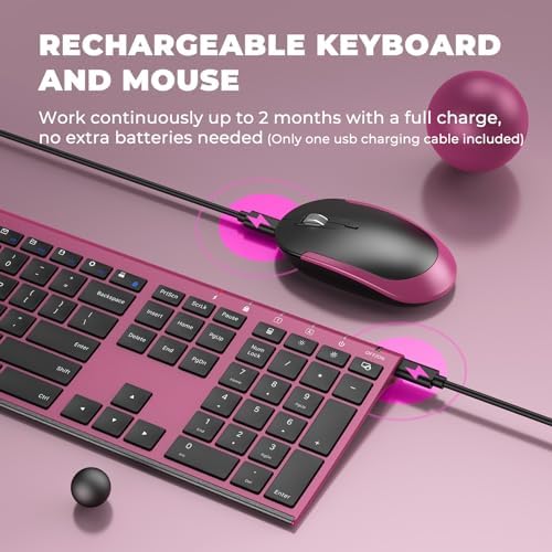 Vssoplor Wireless Keyboard and Mouse, Rechargeable Ultra Slim, Wine Red