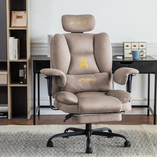 Symino Gaming Chair with Foot Rest, Unique Up/Down Armrests, Twill Fabric Ergonomic High Back Chair, 155° Recline Solid Color Computer Desk Chair, Light Coffee