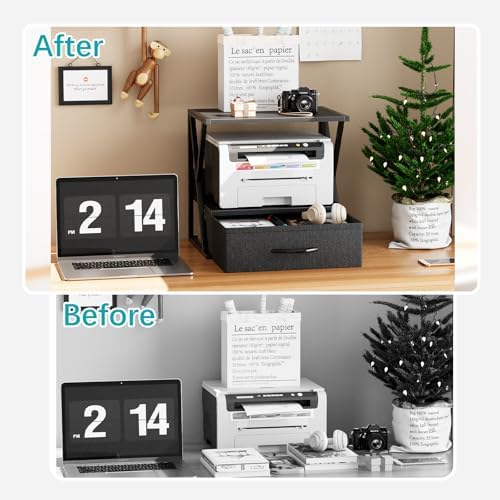 aboxoo Printer Stand for Desk with Storage Drawer, 2 Tier Desktop Or Under Desk Shelf, Multi-Purpose Desks Organizer for Home Office, fit Fax Machine/3D Printer/Scanner, Black