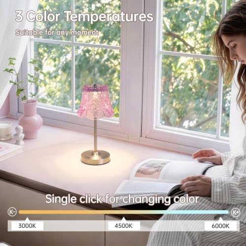 Shenmoyl Cordless Touch Table Lamp with 5200mAh Battery - 3 Adjustable Color Temperatures & Dimmable, Rechargeable Desk Lamp for Bedroom, Living Room, Office, Entryway, Bookshelves (Clear Purple Rose)