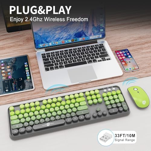 Lime Green Wireless Keyboard and Mouse Combo,Cute Round Keys,for PC Laptop
