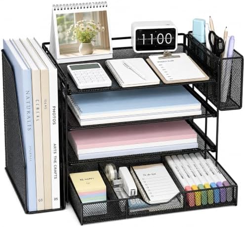 4-Tier Desk File Organizer with Drawer & Pen Holder (Black)