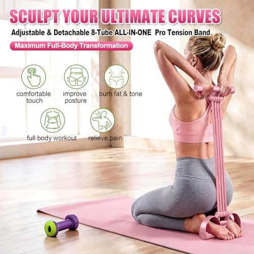Foot Pedal Resistance Bands with Handles, 8-Tube Adjustable Multifunction Elastic Yoga Exercise Bands, Home Gym Fitness Equipment for Women & Men to Tone Abs, Core, Leg, Arm, Waist