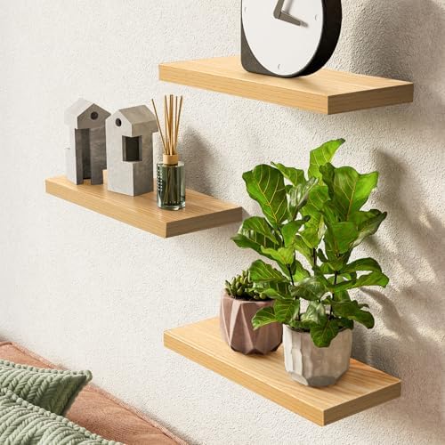 BAYKA Light Oak-Toned Floating Shelves 15.7in, Set of 3, Wall Mounted Shelf