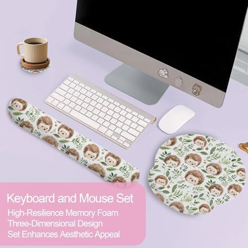 Cute Hedgehog Mouse Pad with Wrist Rest Set, 3-in-1 Wrist Support Mousepad Set, Gaming Mat Pad with Anti-Skid Base,Ergonomic Memory Foam Mouse Pad Set for Women, Office, Typing, Gaming