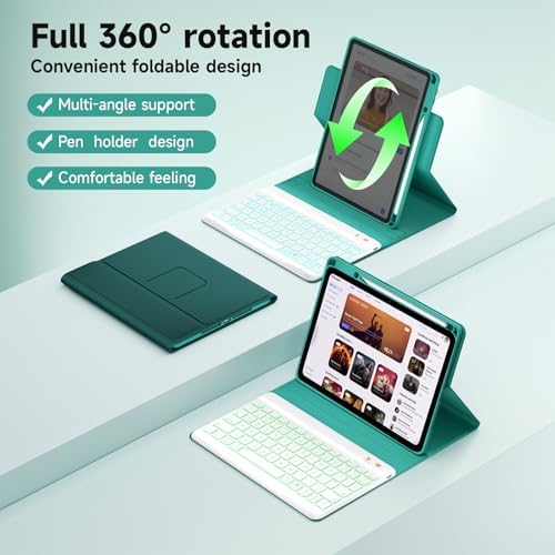 Keyboard case for ipad Air 11 inch(M2 2024)/10.9 Inch Air 5th 4th Generation & iPad Pro 11 inch (1st/2nd/3rd/4th Gen) 360° rotational case Folio Cover with Pencil Holder - Backlit Detachable-(Teal)