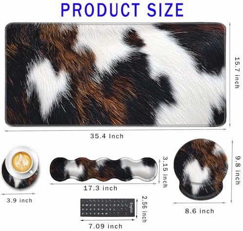 Mouse Pad,Large Pink Desk Mat, 4in1 XXL Mousepad + Keyboard Wrist Rest+Mouse Wrist Rest+Coaster Set with Ergonomic Desk Pad for Home Office Table Computer-Cute Cowhide Brown Black Cow