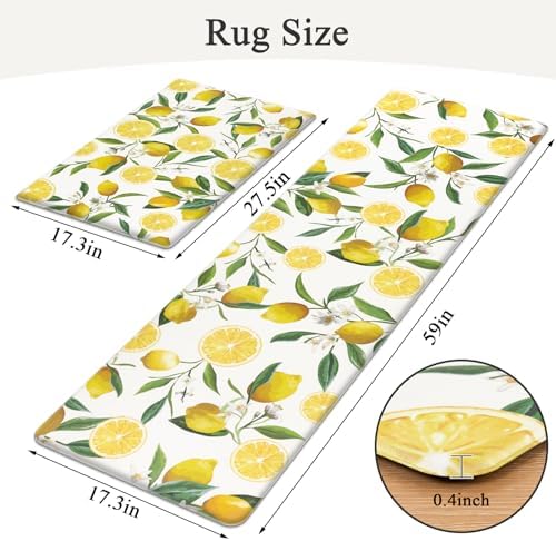 SHACOS Anti Fatigue Lemon Kitchen Mats for Floor 2 Pieces Set, Non Slip Cushioned Kitchen Rugs Set Standing Desk Mats and Runner Wipeable Waterproof Floor Mat for Home Office, 17"x27.5"+17"x59", White