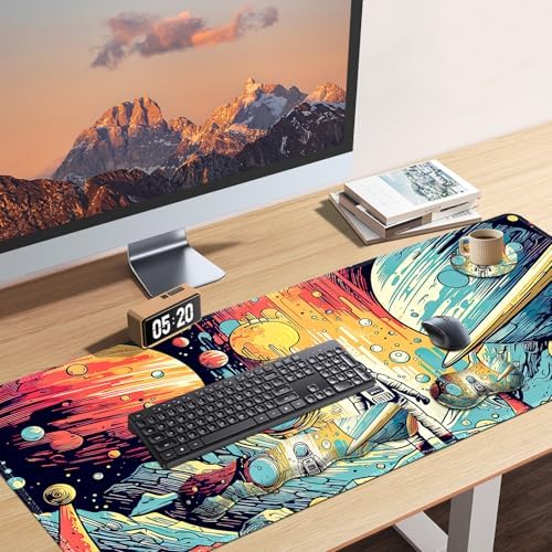 AIMSA Desk Mat Set, Mouse Pad with Wrist Rest +Keyboard Wrist Rest +Large Mouse Mat +Coaster, 4in1 Extended Gaming Mousepad Set for Home Office, Planet Astronaut