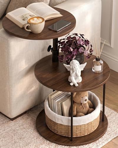 Faesun Swivel Round Table for Couch Arm, Height Adjustable C Shaped End Table for Recliner or Bed, Tv Trays with Storage Shelf for Small Spaces- Small Nightstand for Living Room, Bedroom, Walnut