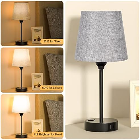 Grey Bedside Lamps Set 2 for Bedroom - Dimmable Touch, USB C+A, AC Outlet
