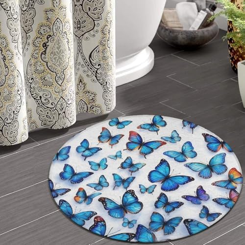 Large Machine Washable Circular Rugs, Home Decor Round Mat for Living Room Sofa Office Blue Butterfly Art