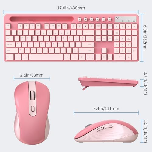 MARVO Wirelss Keyboard and Mouse Combo with Phone Holder, Full-Size, Sakura