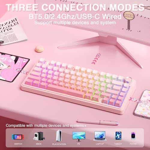 AULA F75 Pro Wireless Mechanical Keyboard Silent Version,75% Hot Swappable Custom Keyboard with Knob,RGB Backlit,Pre-lubed Switches,Side Printed PBT Keycaps,2.4GHz/USB-C/BT5.0 PC Gaming Keyboards,Pink