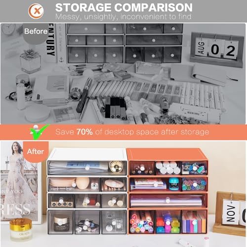 Desk Storage Organizer with 9 Drawers, 4 Tiers Stackable Desktop Craft Storage Drawers, Clear Storage Box Caddy for Stationary Makeup Jewelry Office Craft Supplies (Orange)