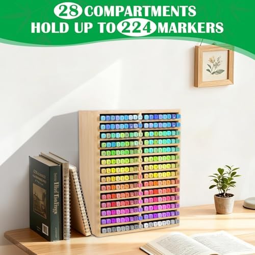Bamboo Marker Organizer for 224 Markers, Desktop Marker Storage Holder