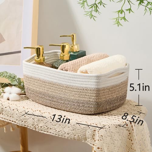 MiniArk Small Storage Baskets for Organizing | Closet Organizer Bins | Shelf Toy Basket | Woven Rope Baskets | Cube Decorative Box | Shallow Basket | 13x8.5x5.1” | 4 Packs Gradient Brown