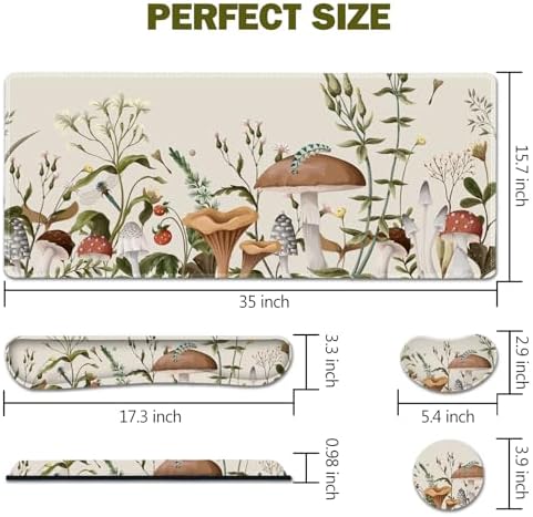 AIMSA Large Gaming Mouse Pad Set, Keyboard Wrist Rest Support+ Extended Mousepad+ Mouse Wrist Cushion+Coaster, Ergonomic Multifunctional Desk Mat 35x15.7in, Mushroom Plant Garden