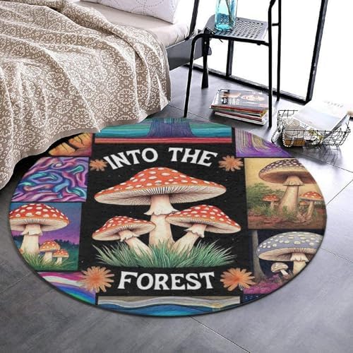 Large Home Decor Mat, Soft Round Yoga Carpet, Non Slip Machine Washable Kitchen Office Circle Rug Trippy Mushroom