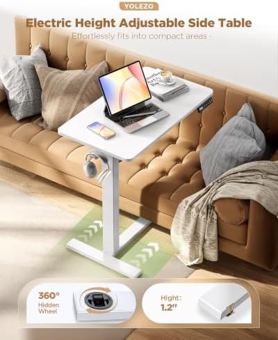 28"x 16" Electric Overbed Table, Rolling Laptop Desk for Bed, White