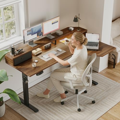 Agilestic 63*35 Inch L Shaped Standing Desk with Shelf & Led&Outlet, Walnut
