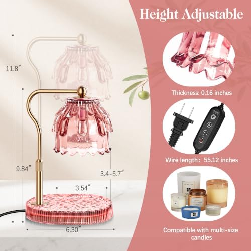 Candle Warmer Lamp with Timer Dimmer, Modern Wax Warmer for Scented Wax Jar Candle Warmer with 2 Bulbs, Adjustable Height Glass Lamp for Women, House Warming Gifts, Gold Pink