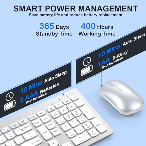 Ergonomic Ultra Slim Wireless Keyboard and Mouse Combo,2.4G Lag-Free,Silver