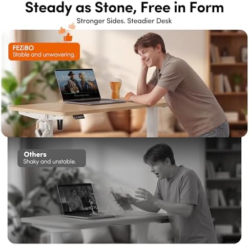 FEZIBO 55 x 24 Inchs Electric Standing Desk, Height Adjustable, Sit Stand Up, Computer Office Desk with Splice Board, White Frame/Maple Top