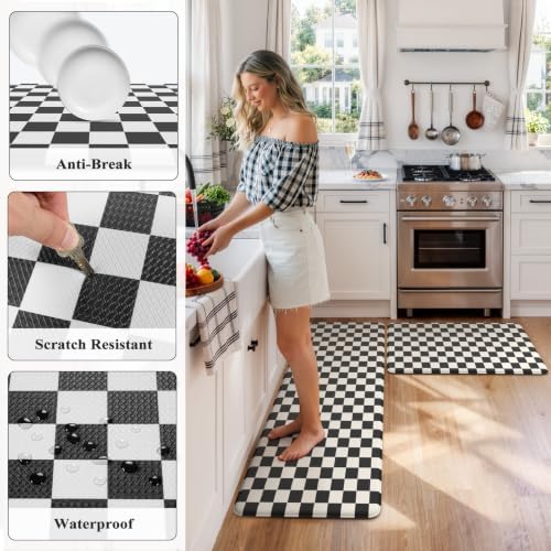 KIMODE Anti Fatigue Mats for Kitchen Floor,Checkered Kitchen Rugs Sets of 2